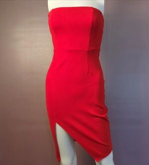 Lulus Strapless Bodycon Dress | XS | Red Asymmetrical Side Slit Hem